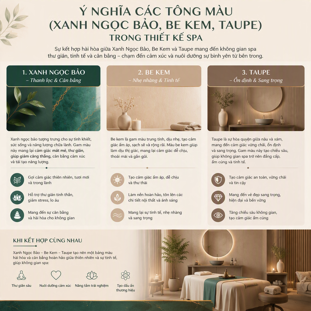 Ý Nghĩa Các Tông Màu (Xanh Ngọc Bảo, Be Kem, Taupe) Trong Thiết Kế Spa Ý Nghĩa Các Tông Màu (Xanh Ngọc Bảo, Be Kem, Taupe) Trong Thiết Kế Spa