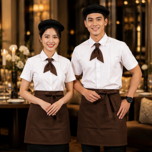 Đồng Phục Khách Sạn - Phục Vụ Bàn Màu Trắng Phối Tạp Dề Nâu