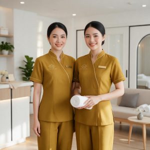 Đồng Phục Nhân Viên Spa Màu Vàng Hoa Cúc Đậm