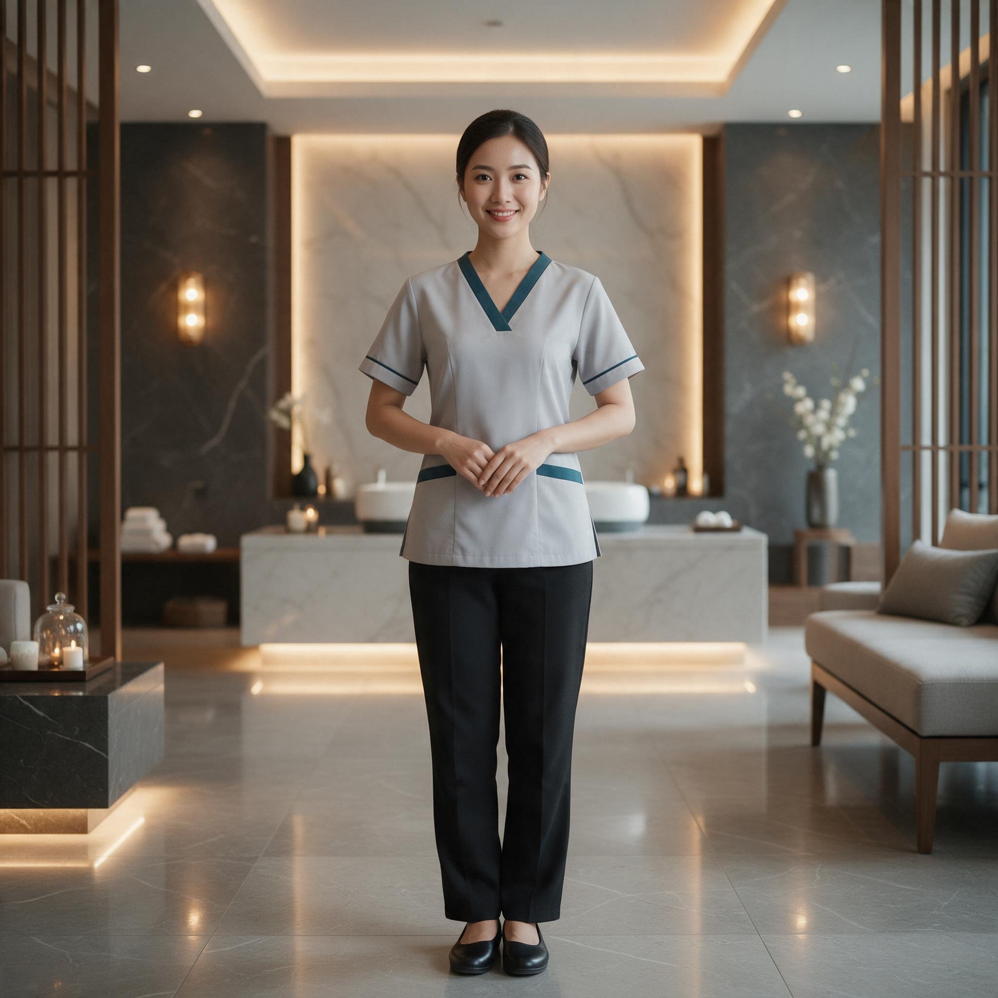 Đồng Phục Nhân Viên Spa Màu Ghi Nhạt Viền Cổ Xanh