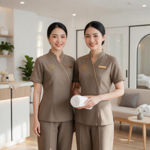 Đồng Phục Nhân Viên Spa Màu Nâu Xám Nhạt