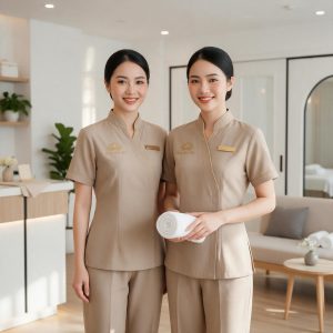 Đồng Phục Nhân Viên Spa Màu Be Kem