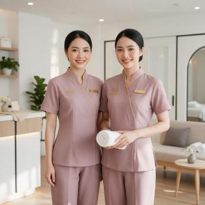 Đồng Phục Nhân Viên Spa Màu Hồng Cánh Sen